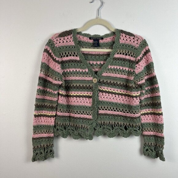 Boston Proper Crochet Cardigan Sweater‎ M Cropped One Button Granny Cottagecore - Picture 1 of 10